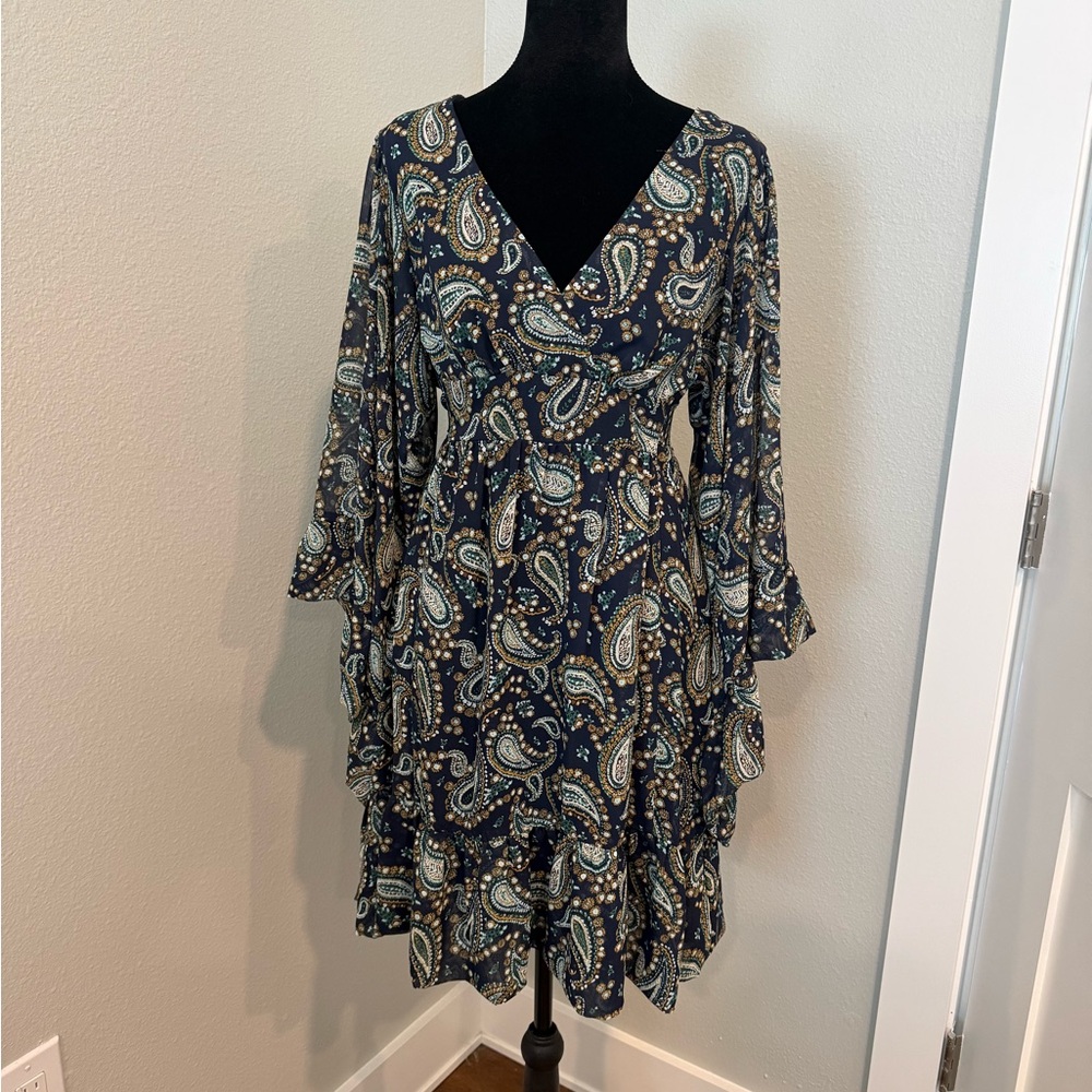 Betsey Johnson Navy Paisley Long Sleeve Dress